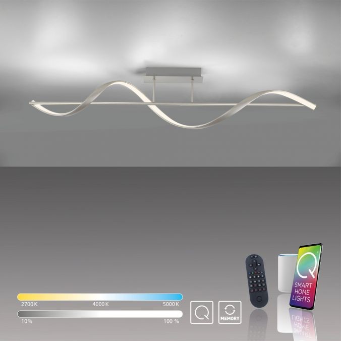 Lampa sufitowa Q-swing LED 24W CCT w kolorze niklu satyna, o falistym kształcie, zawieszona pod sufitem. Zdalne sterowanie pilotem, możliwość regulacji temperatury barwowej (2700K-5000K) i jasności.