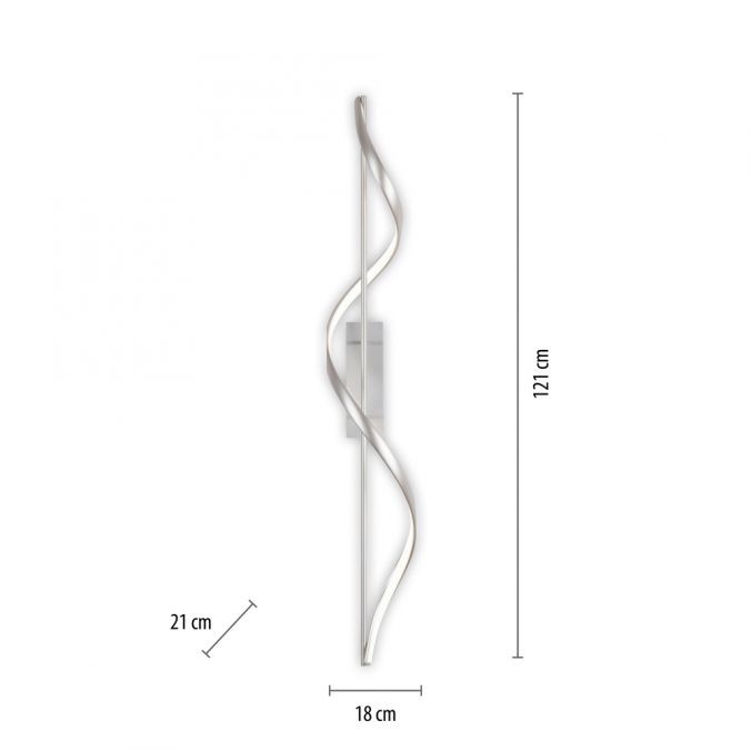 Lampa sufitowa Q-swing LED 24W CCT w kolorze nikiel satyna, o wymiarach 121 cm wysokości, 21 cm szerokości i 18 cm głębokości. Posiada nowoczesny, falisty kształt oraz możliwość zdalnego sterowania pilotem.