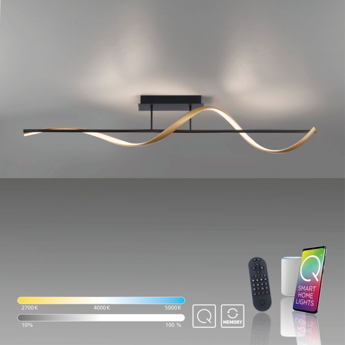 Lampa sufitowa Q-swing LED 24W w kolorze antracytowym z miedzianymi akcentami, o falistym kształcie. Posiada pilot do zdalnego sterowania i możliwość regulacji barwy światła (2700K-5000K). Montowana na suficie, z podświetleniem w tle.