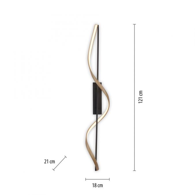 Lampa sufitowa Q-swing z pilotem LED 24W w kolorze antracytowym i miedzianym. Posiada nowoczesny, falisty design. Wymiary: 121 cm wysokości, 21 cm szerokości, 18 cm głębokości. Ułożona w pionie, z widocznym źródłem światła LED.
