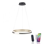 Lampa wisząca Q-beluga z pilotem LED 55W CCT w kolorze czarnym i mosiężnym, o okrągłym kształcie. Zawieszona na cienkich linkach, obok widoczny pilot oraz smartfon. Elementy oświetleniowe z białymi i czarnymi akcentami.