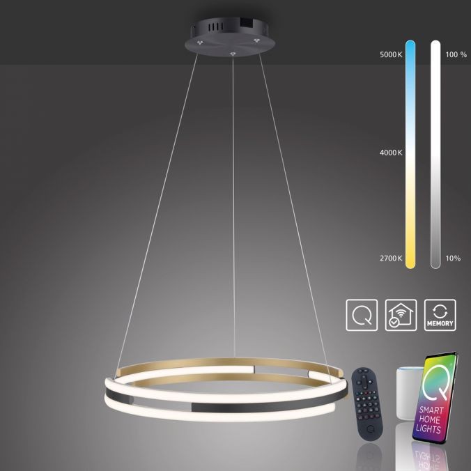 Lampa wisząca Q-beluga LED 55W w kolorze czarnym i mosiądzu, okrągła, z pilotem. Zawieszona na cienkich linkach, z regulacją temperatury barwowej (2700K-5000K) i możliwością ustawienia jasności. Elementy sterujące widoczne z boku.