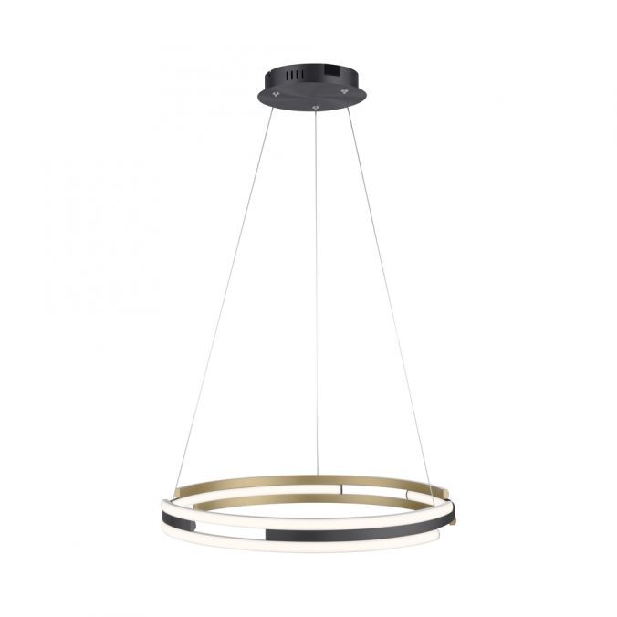 Lampa wisząca Q-beluga z pilotem LED 55W CCT w kolorze czarnym i mosiężnym. Okrągła forma z dwoma pierścieniami: górny mosiężny, dolny czarny z białym. Zawieszona na cienkich linkach, montowana sufitowo. Idealna do nowoczesnych wnętrz.