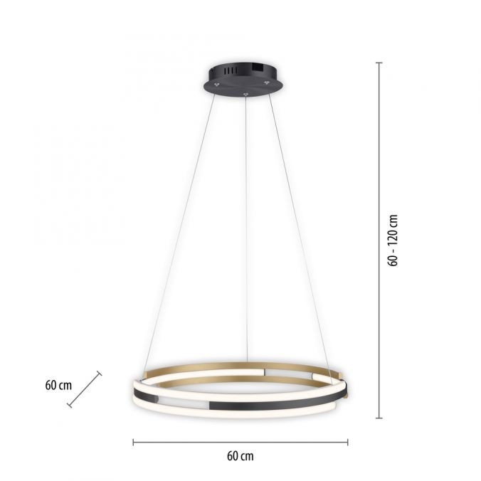 Lampa wisząca Q-beluga z pilotem LED 55W, w kolorze czarnym i mosiądzu, o średnicy 60 cm i regulowanej wysokości 60-120 cm. Okrągła konstrukcja z białymi i czarnymi akcentami.