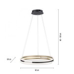 Lampa wisząca Q-beluga z pilotem LED 55W, w kolorze czarnym i mosiądzu, o średnicy 60 cm i regulowanej wysokości 60-120 cm. Okrągła konstrukcja z białymi i czarnymi akcentami.