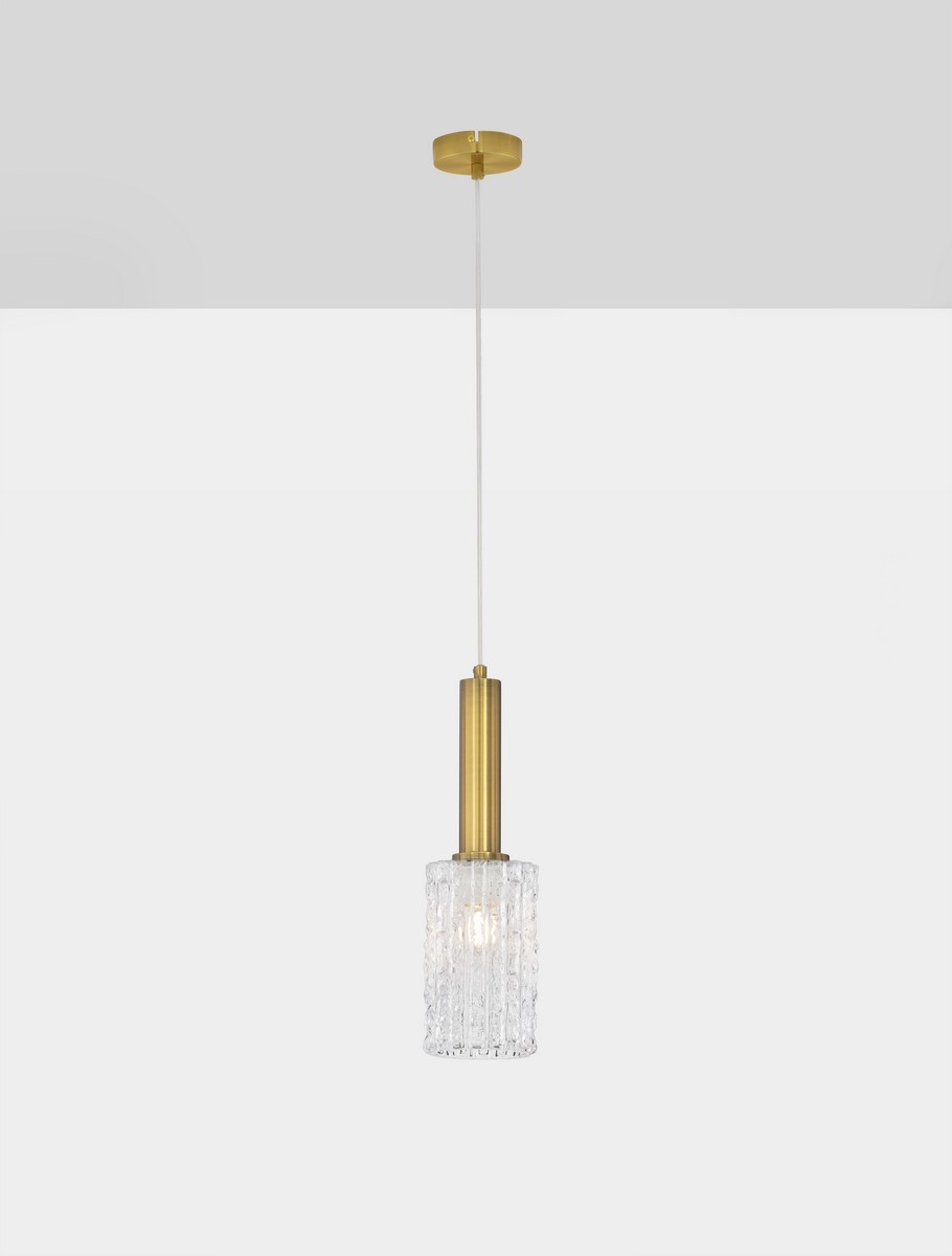 Lampa wisząca Oroya 1xE27 w kolorze złotym z przezroczystym kloszem, o cylindrycznym kształcie, zawieszona na cienkim przewodzie. Klosz z teksturą pryzmatyczną, umieszczony na złotym uchwycie, idealny do nowoczesnych wnętrz.