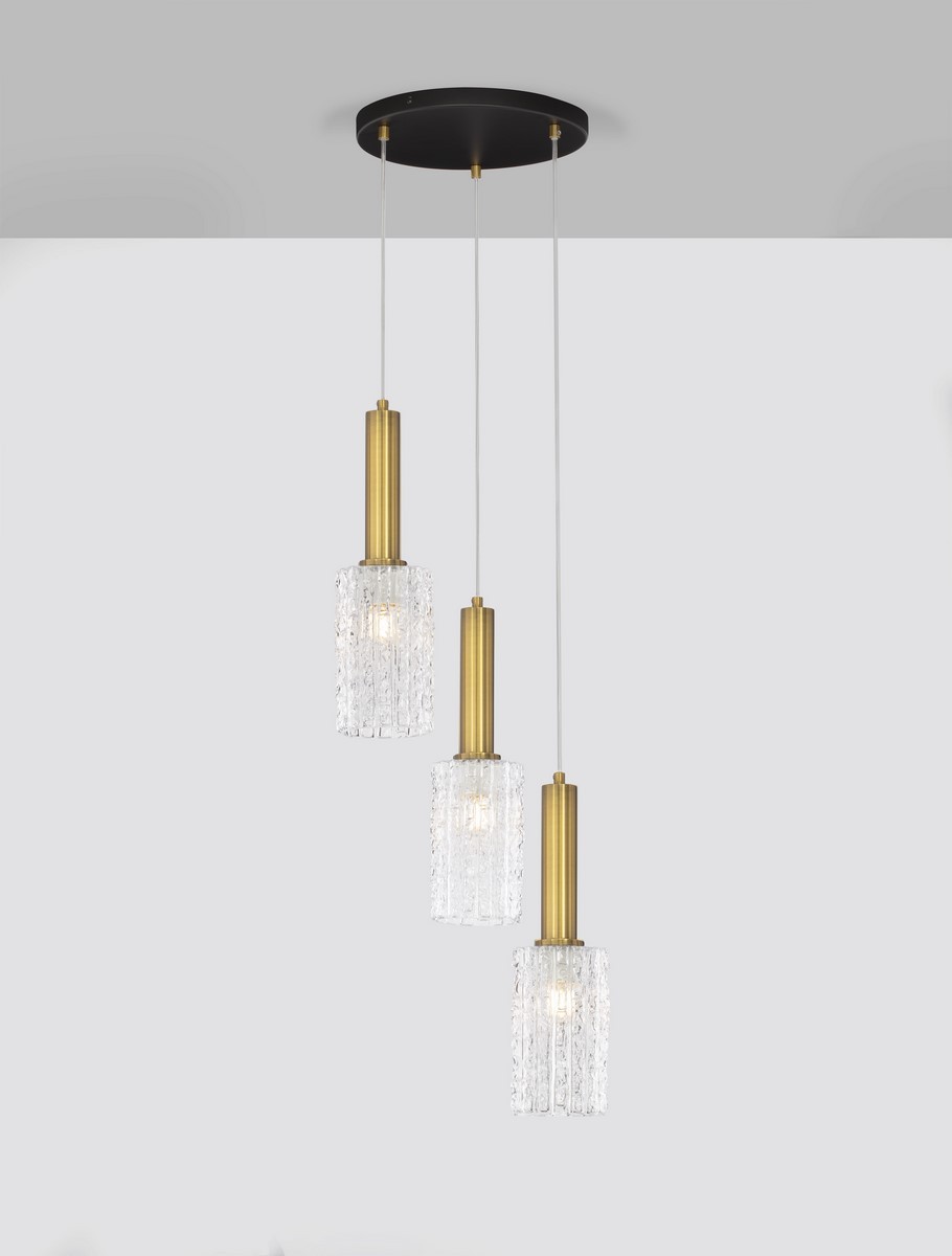 Lampa wisząca Oroya 3xE27, czarna z złotymi detalami. Trzy szklane klosze w formie prostokątnych szczotek zawieszone na cienkich linkach. Klosze transparentne, z widocznymi żarówkami, montowane na okrągłej, czarnej podsufitce.