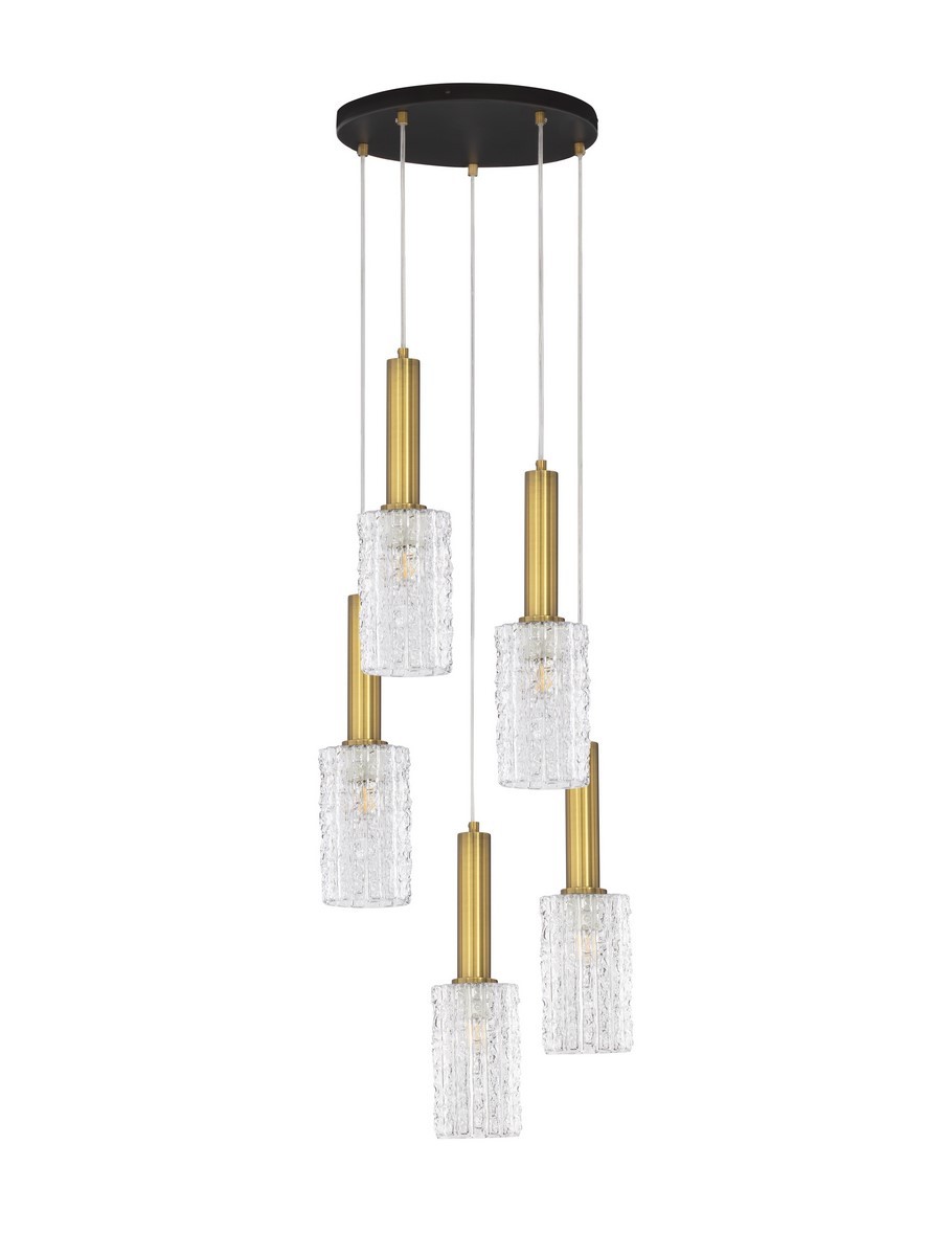 Lampa wisząca Oroya z pięcioma kloszami E27 w kolorze czarnym i złotym. Klosze mają fakturę przezroczystego szkła, zawieszone na białych kablach, przymocowane do okrągłej podstawy. Wysoka elegancja, idealna do nowoczesnych wnętrz.