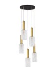 Lampa wisząca Oroya z pięcioma kloszami E27 w kolorze czarnym i złotym. Klosze mają fakturę przezroczystego szkła, zawieszone na białych kablach, przymocowane do okrągłej podstawy. Wysoka elegancja, idealna do nowoczesnych wnętrz.
