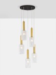 Lampa wisząca Oroya 5xE27 w kolorze czarnym i złotym. Składa się z pięciu szklanych kloszy z teksturowanej powierzchni, zawieszonych na cienkich, przezroczystych linkach. Montaż na płaskim, okrągłym suficie.