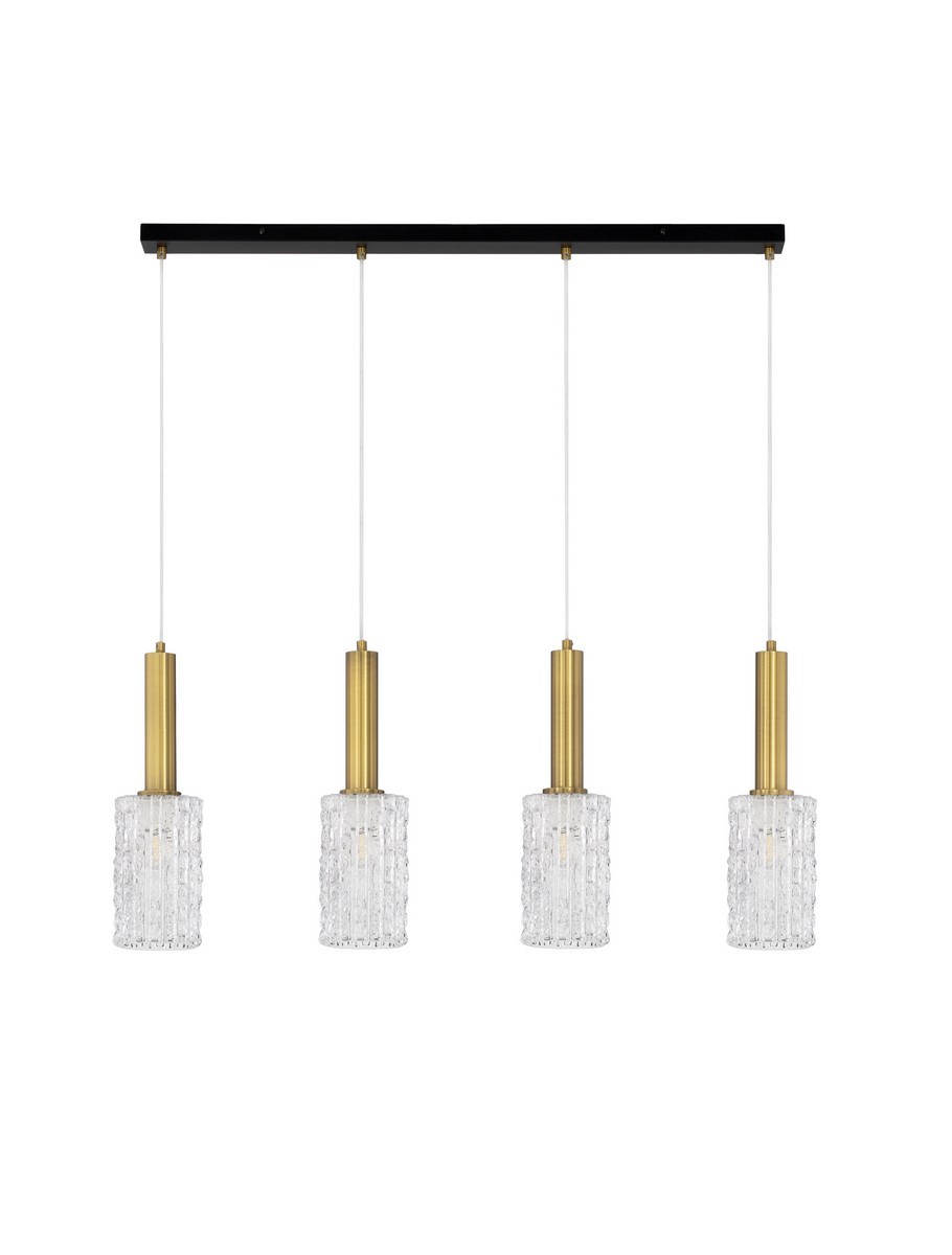 Lampa wisząca Oroya z czterema kloszami E27. Klosze w kształcie cylindrów wykonane ze szkła, z teksturą, osadzone na złotych podstawach. Całość zawieszona na czarnej listwie, na białych przewodach. Idealna do nowoczesnych wnętrz.