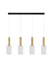 Lampa wisząca Oroya z czterema kloszami E27. Klosze w kształcie cylindrów wykonane ze szkła, z teksturą, osadzone na złotych podstawach. Całość zawieszona na czarnej listwie, na białych przewodach. Idealna do nowoczesnych wnętrz.