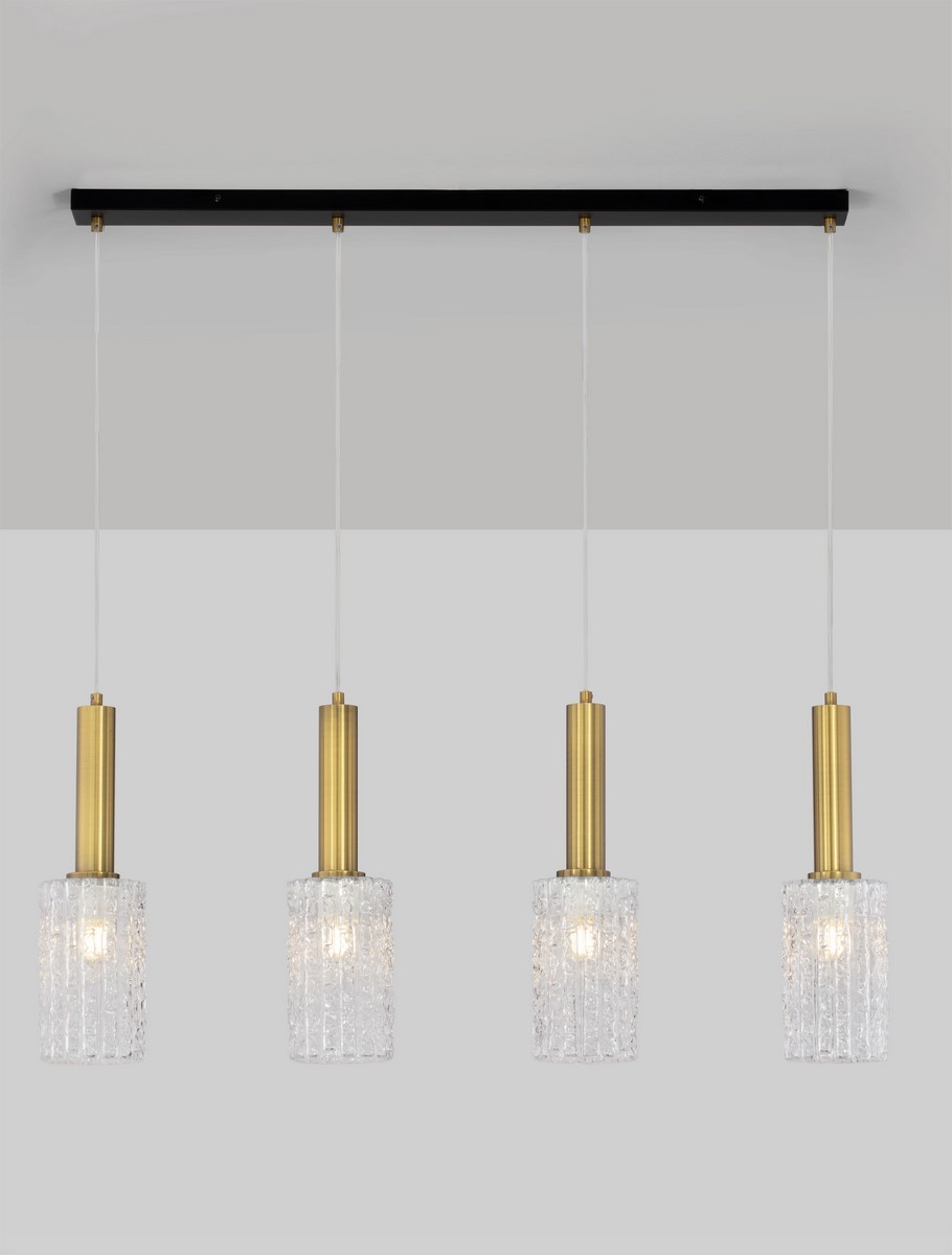 Lampa wisząca Oroya 4xE27 w kolorze czarnym i złotym, z czterema szklanymi kloszami o fakturze prążkowanej. Klosze zawieszone na białych linkach, montowane na prostokątnej, czarnej podstawie. Idealna do nowoczesnych wnętrz.