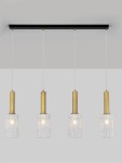 Lampa wisząca Oroya 4xE27 w kolorze czarnym i złotym, z czterema szklanymi kloszami o fakturze prążkowanej. Klosze zawieszone na białych linkach, montowane na prostokątnej, czarnej podstawie. Idealna do nowoczesnych wnętrz.