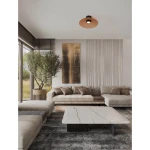 Czarna lampa sufitowa Peca z brązowym kloszem, w stylu nowoczesnym, umieszczona na suficie. Widoczne oświetlenie LED o mocy 12W, w otoczeniu eleganckiego wnętrza z jasnymi sofami i dekoracjami.