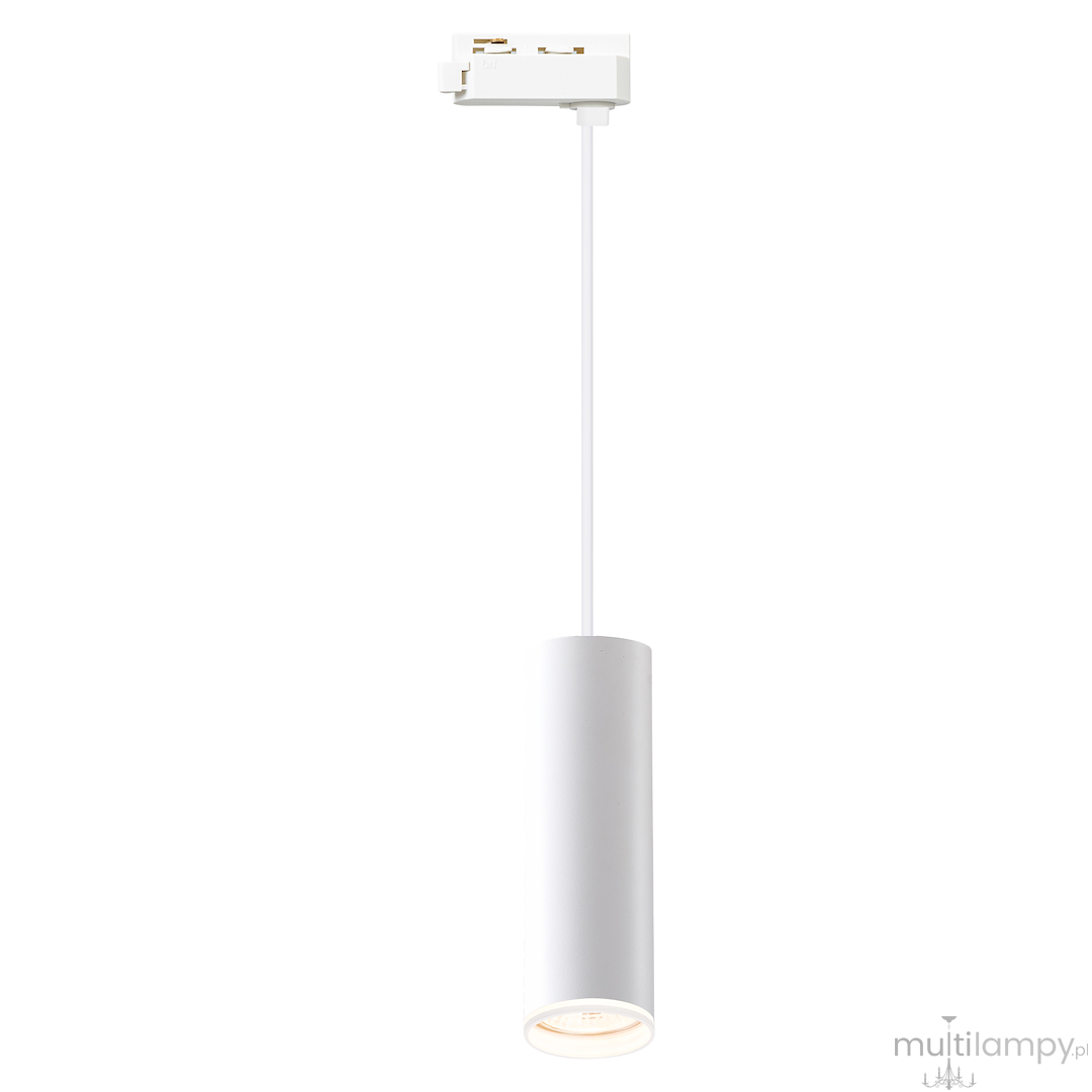 Lampa wisząca Track Pipe Ring w kolorze białym, z cylindrycznym kloszem, zawieszona na cienkim białym przewodzie. W górnej części wtyczka do systemu szynowego, przystosowana do żarówki GU10. Prosty, nowoczesny design.