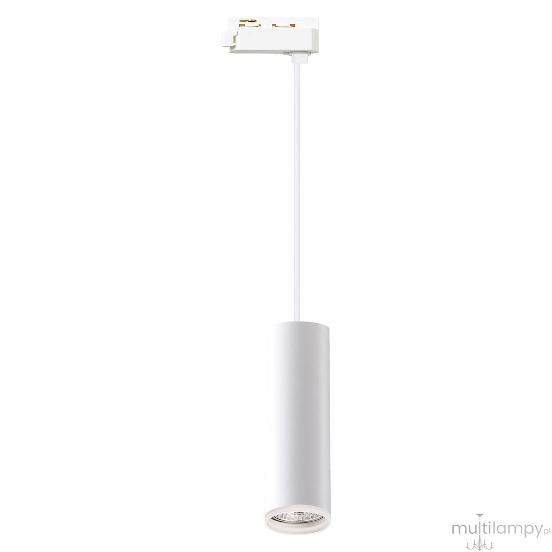Lampa wisząca Track Pipe Ring w kolorze białym, z metalowym korpusem w kształcie cylindrycznym. Posiada pojedynczy gwint GU10. Zawieszona na cienkim przewodzie, z widocznym uchwytem do montażu na szynie.