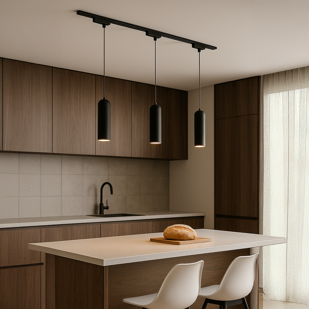 Lampa wisząca Track Pipe w kolorze czarnym z trzema cylindrycznymi kloszami zawieszona na czarnej szynie. Zainstalowana w nowoczesnej kuchni, nad wyspą kuchenną z białym blatem, obok białych krzeseł.