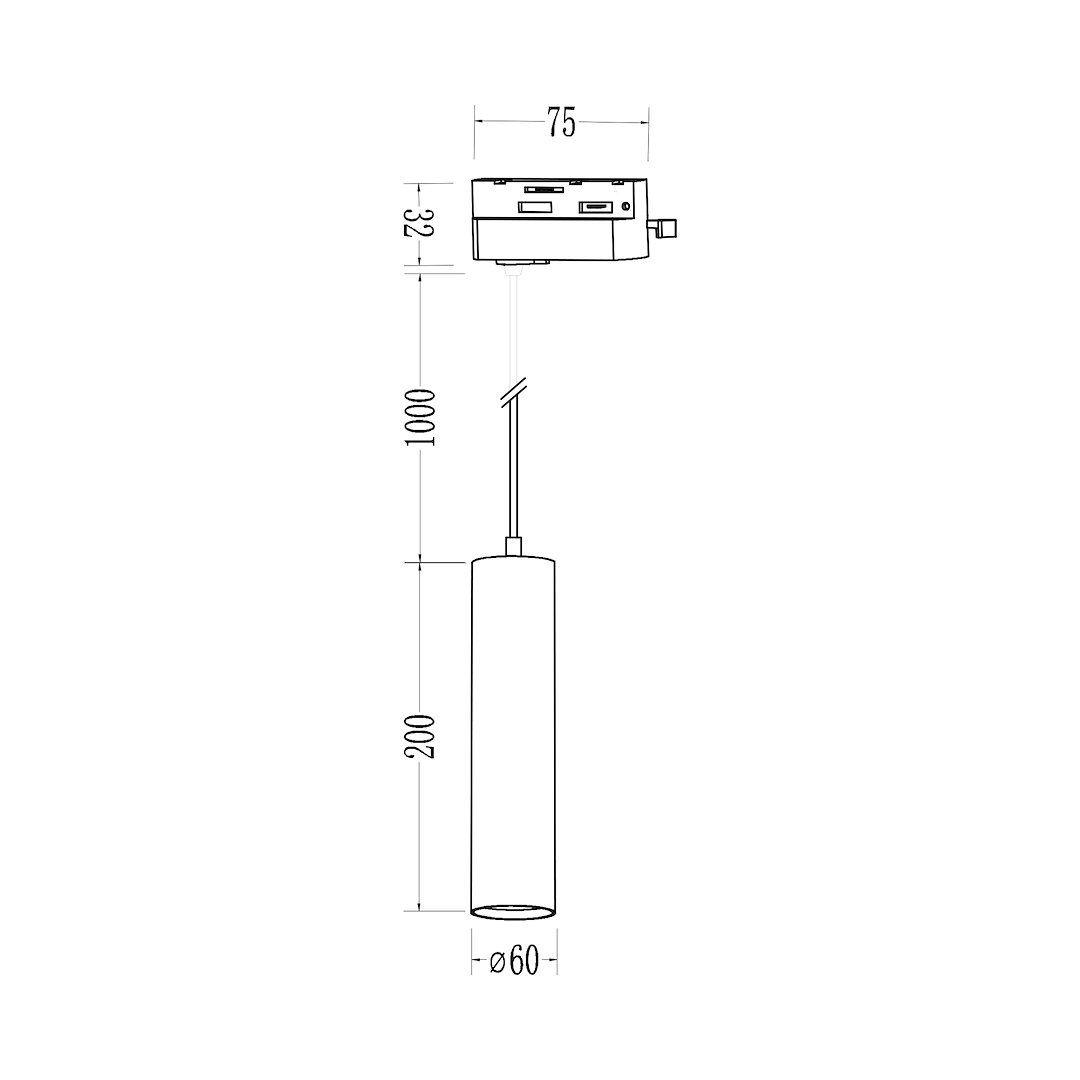 Lampa wisząca Track Pipe w kolorze czarnym, przeznaczona do systemu szynowego, z jedną oprawą na żarówkę GU10. Cylindryczny kształt o średnicy 60 mm, długości 200 mm i zawieszeniu na przewodzie o długości 1000 mm.