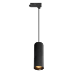 Lampa wisząca Track Pipe 1xGU10 w kolorze czarnym, o cylindrycznym kształcie, zawieszona na cienkim przewodzie. Kluczowy detal to otwór na żarówkę u dołu, zapewniający kierunkowe światło. Montaż do systemu szynowego, z widocznym mocowaniem u góry.