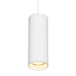Lampa wisząca Track Pipe 1xGU10 w kolorze białym, o cylindrycznym kształcie, zawieszona na cienkim przewodzie. Wewnątrz znajduje się żarówka, która emituje ciepłe światło, a powierzchnia lampy jest matowa, co podkreśla jej minimalistyczny design.