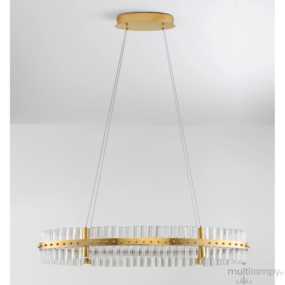 Lampa wisząca Mayo D90 w kolorze złotym, z jedną żarówką LED 45W. Owalna konstrukcja z przezroczystymi elementami, zawieszona na cienkich linkach. Górna część w złotym wykończeniu z metalowymi detalami. Idealna do nowoczesnych wnętrz.