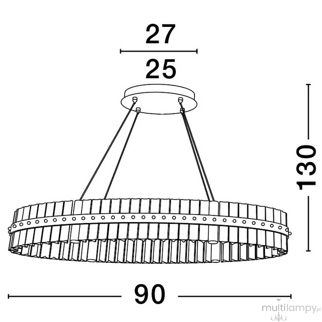 Lampa wisząca Mayo D90 z 1x LED/45W w złotym kolorze, o okrągłym kształcie i wymiarach 90 cm średnicy oraz 130 cm wysokości. Posiada dekoracyjne detale w postaci szczelin i otworów. Ujęcie z boku, ukazujące konstrukcję i wymiary.
