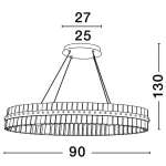 Lampa wisząca Mayo D90 z 1x LED/45W w złotym kolorze, o okrągłym kształcie i wymiarach 90 cm średnicy oraz 130 cm wysokości. Posiada dekoracyjne detale w postaci szczelin i otworów. Ujęcie z boku, ukazujące konstrukcję i wymiary.