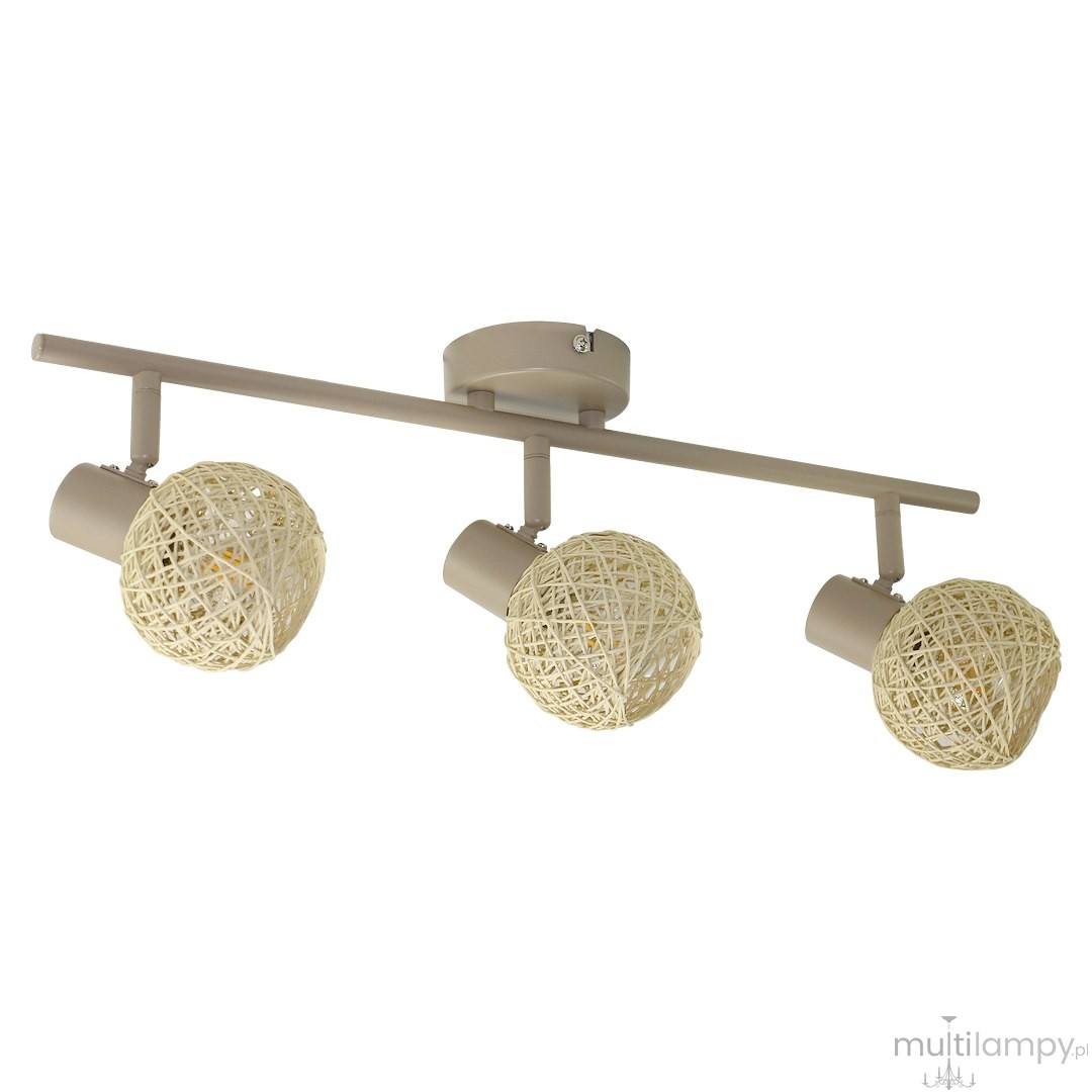 Dex lampa sufitowa (spot) 3xE14 w kolorze kaszmirowym, z trzema kulistymi kloszami z plecionki w jasnym odcieniu. Produkt zamontowany na prostokątnej podstawie, w układzie poziomym, idealny do oświetlenia wnętrz.