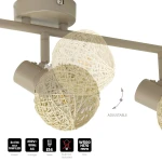 Dex lampa sufitowa (spot) 3xE14 w kolorze kaszmiru. Posiada trzy regulowane klosze w formie plecionych kul, montowana na poziomej rurze. Wymiary: szerokość 500 mm, wysokość 170 mm. Brak żarówek w zestawie.