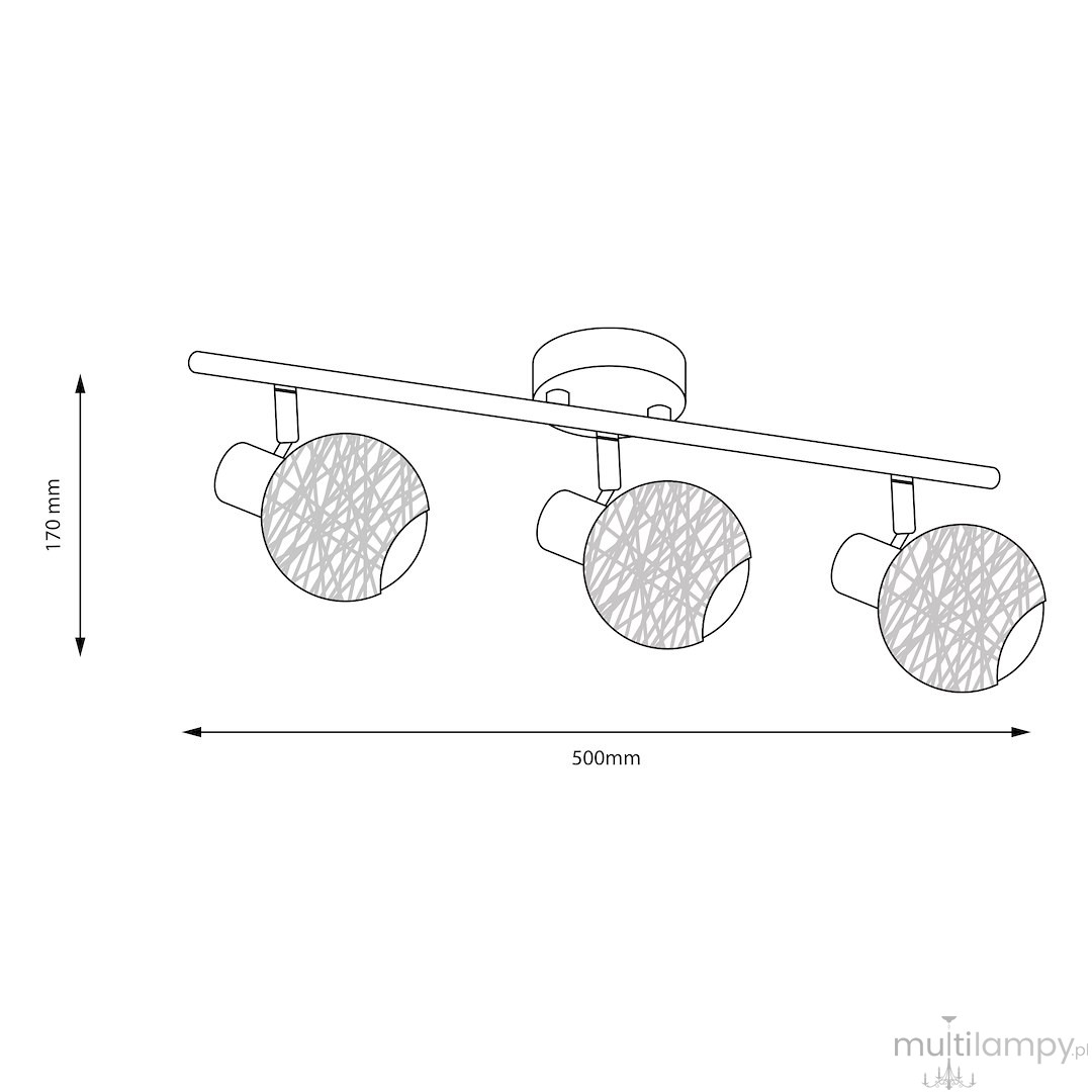 Lampa sufitowa Dex (spot) 3xE14 w kolorze kaszmiru, z trzema okrągłymi kloszami o teksturowanej powierzchni. Ułożona na prostokątnej listwie, z wysokością 170 mm i długością 500 mm. Klosze kierunkowe, umożliwiające regulację oświetlenia.