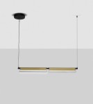 Lampa wisząca Roca z dwoma źródłami LED o mocy 20W, w kolorze czarnym i złotym. Produkt zawieszony na cienkim przewodzie, z prostokątnymi panelami emitującymi światło. Kąt ujęcia frontalny, na jednolitym tle.