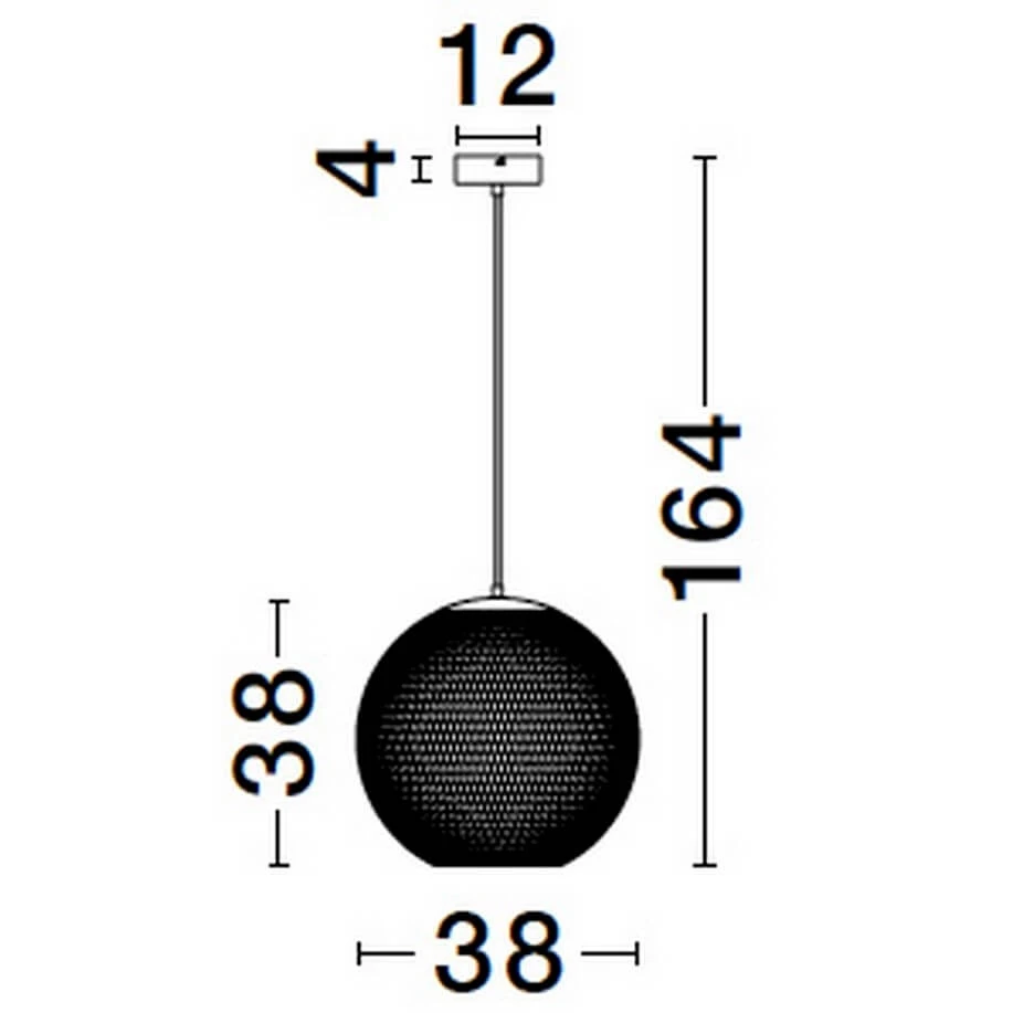 Lampa wisząca Rita 1xLED 19W w kolorze czarnym. Okrągła, perforowana czasza o średnicy 38 cm, zawieszona na cienkim kablu. Wysokość całkowita wynosi 164 cm, z mocowaniem na suficie o szerokości 12 cm.