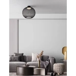 Lampa sufitowa Rita 1xLED 23W w czarnej, siatkowej obudowie. Zawieszona na suficie, w otoczeniu nowoczesnego wnętrza z szarym sofą, dekoracyjnymi poduszkami i stolikami. Tło jasne, minimalistyczne, podkreślające elegancję lampy.