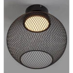Czarna lampa sufitowa Rita z siatką metalową, wyposażona w jeden biały moduł LED 12W. Ujęcie z dołu, pokazujące okrągły klosz z otwartym dnem, umożliwiającym wydobycie światła. Idealna do nowoczesnych wnętrz.