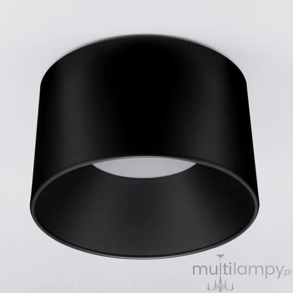 Lampa sufitowa LED 35W w kolorze czarnym, o cylindrycznym kształcie, zamontowana na jasnym suficie. Widoczna okrągła przesłona, która emituje światło, z minimalistycznym designem.