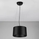Lampa wisząca Bajo z jednym źródłem LED 24W w kolorze czarnym. Okrągły klosz z matowego materiału zawieszony na cienkich linkach, montowany do sufitu. Prosty, elegancki design na jednolitym tle.