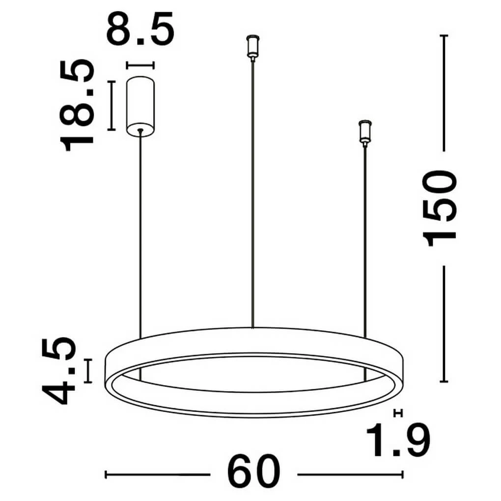 Lampa wisząca Bari D60 w kolorze brązowym, z jednym źródłem światła LED o mocy 60W. Okrągły klosz o średnicy 60 cm, zawieszony na dwóch linkach. Wymiary: wysokość 150 cm, grubość klosza 4,5 cm. Wbudowane elementy montażowe.