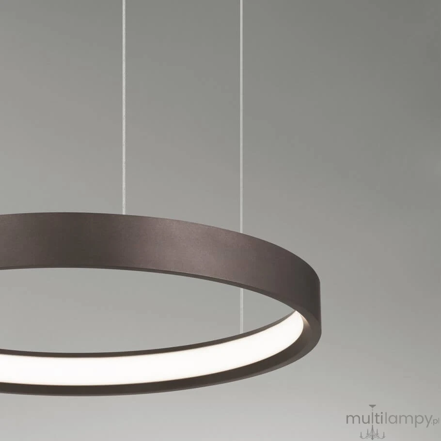 Lampa wisząca Zacapu D40 o okrągłym kształcie, wykonana w brązowym kolorze. Zawiera jedną diodę LED 22W, z białym kloszem w centralnej części. Zawieszona na cienkich linkach, prezentuje nowoczesny design. Tło w odcieniach szarości.