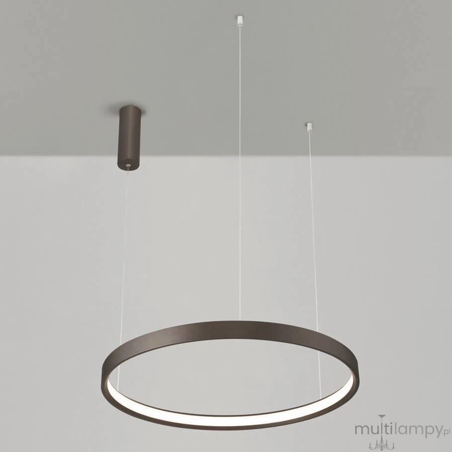 Lampa wisząca Zacapu D60 w kolorze brązowym, z okrągłym, metalowym korpusem. Posiada jedno źródło światła LED o mocy 40W. Zawieszona na cienkich linkach, montowana do sufitu. Idealna do nowoczesnych wnętrz.