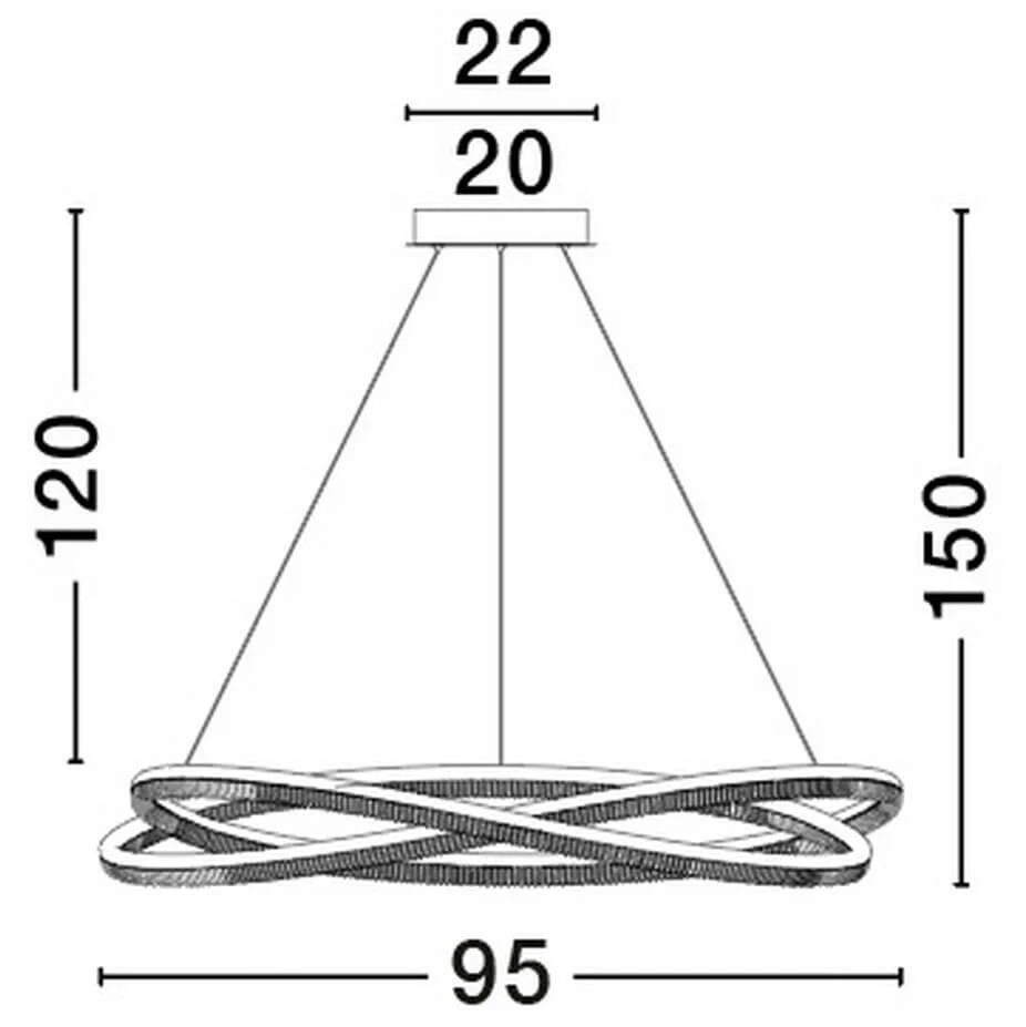 Lampa wisząca Ilave D95 w kolorze złotym z pilotem, z LED 68W. Wymiary: średnica 95 cm, wysokość 150 cm. Kształt oprawy owijający się wokół siebie, z zawieszeniem na trzech linach. Elegancki design idealny do nowoczesnych wnętrz.