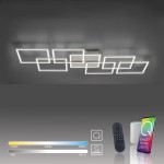 Lampa sufitowa Q-inigo LED 52W CCT w kolorze nikiel satyna, z nowoczesnym designem w kształcie prostokątów. Zdalne sterowanie pilotem, możliwość regulacji temperatury barwowej (2700 K - 5000 K). Elementy na tle szarym.