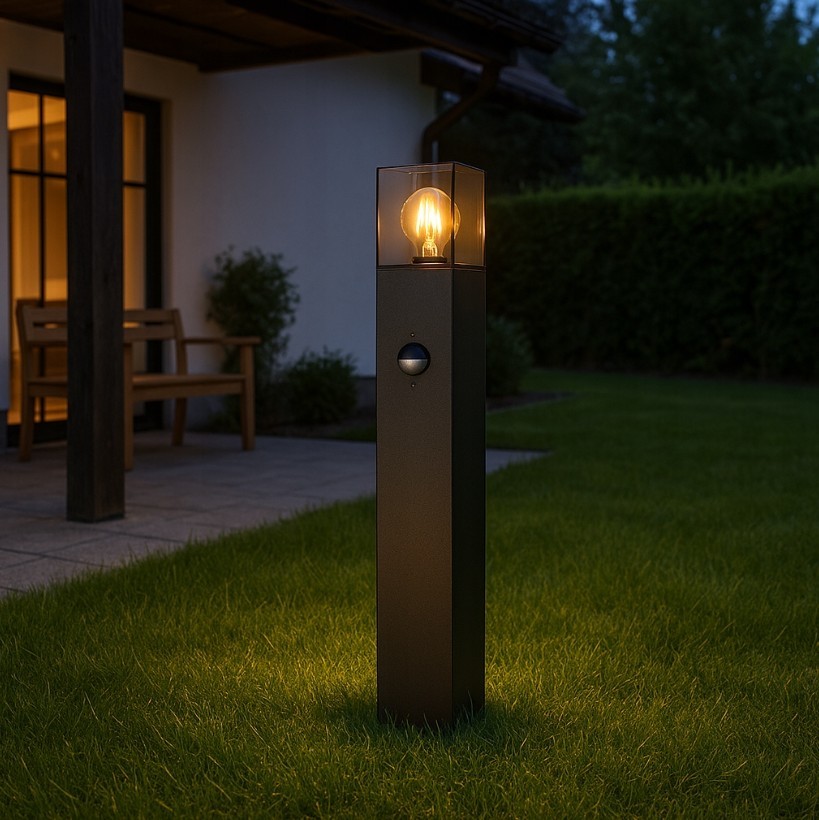 Czarna lampa stojąca ogrodowa Denver H60 z czujnikiem ruchu, wykonana z metalu. Wysoka konstrukcja z przezroczystym kloszem, w którym widoczna jest żarówka E27. Ujęcie z boku, w tle widoczny taras i trawa.