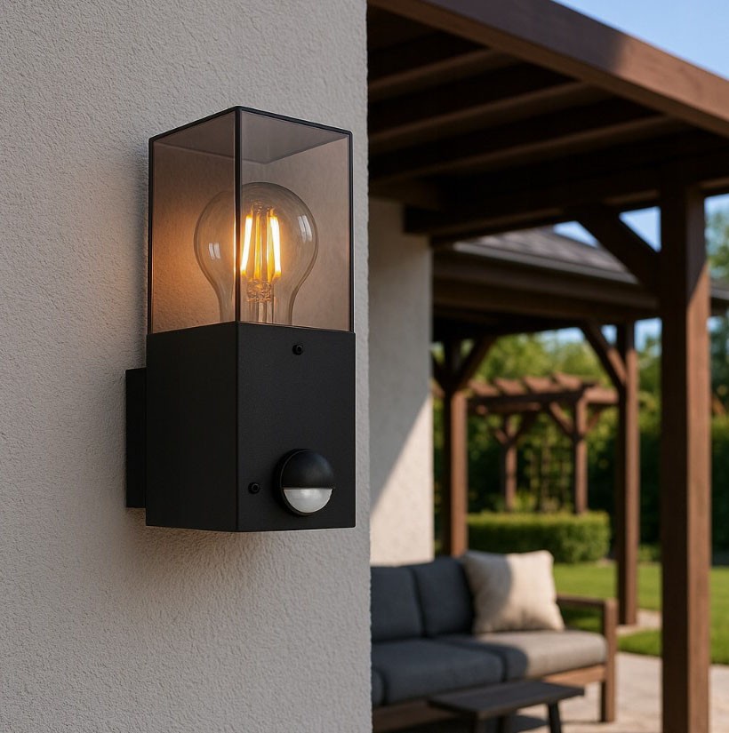 Kinkiet zewnętrzny Denver w kolorze czarnym z przezroczystą osłoną, wyposażony w czujnik ruchu. Widoczna żarówka E27 emitująca ciepłe światło. Zainstalowany na ścianie, w tle meble ogrodowe i zadaszenie.