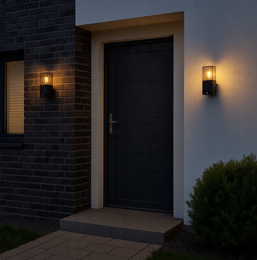 Czarny kinkiet zewnętrzny Denver z czujnikiem ruchu, umieszczony obok drzwi w jasnym kolorze. Oświetlenie emituje ciepłe światło, podkreślając nowoczesny design oraz otoczenie z cegły i zielenią. Kinkiet zamontowany na ścianie budynku.