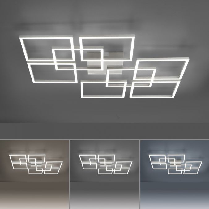 Lampa sufitowa Q-inigo z pilotem LED 58W CCT w kolorze nikiel satyna. Konstrukcja złożona z kilku prostokątnych ram, emitująca światło w trzech odcieniach. Ujęcie frontalne, montowana na suficie.