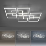 Lampa sufitowa Q-inigo z pilotem LED 58W CCT w kolorze nikiel satyna. Konstrukcja złożona z kilku prostokątnych ram, emitująca światło w trzech odcieniach. Ujęcie frontalne, montowana na suficie.