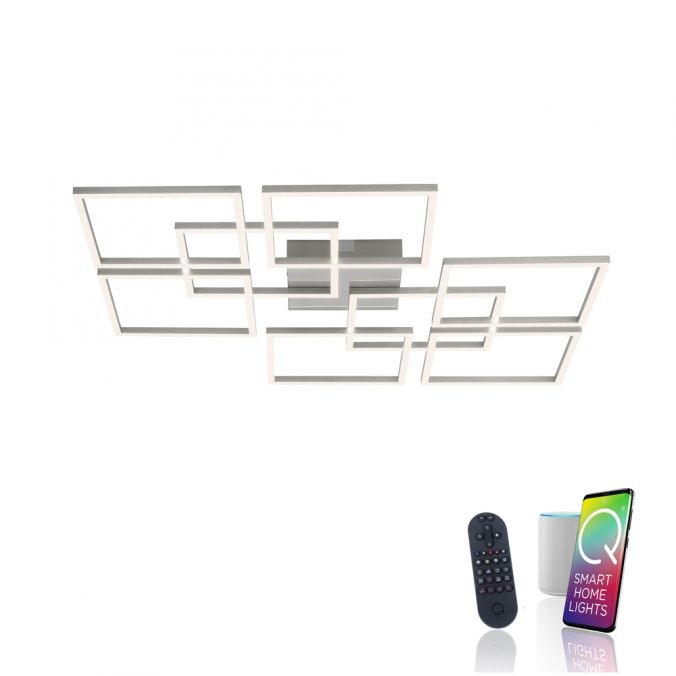 Lampa sufitowa Q-inigo LED 58W CCT w kolorze nikiel satyna, z nowoczesnym wzorem w formie prostokątów. Produkt z pilotem do zdalnego sterowania, umieszczony na białym tle.