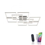 Lampa sufitowa Q-inigo LED 58W CCT w kolorze nikiel satyna, z nowoczesnym wzorem w formie prostokątów. Produkt z pilotem do zdalnego sterowania, umieszczony na białym tle.