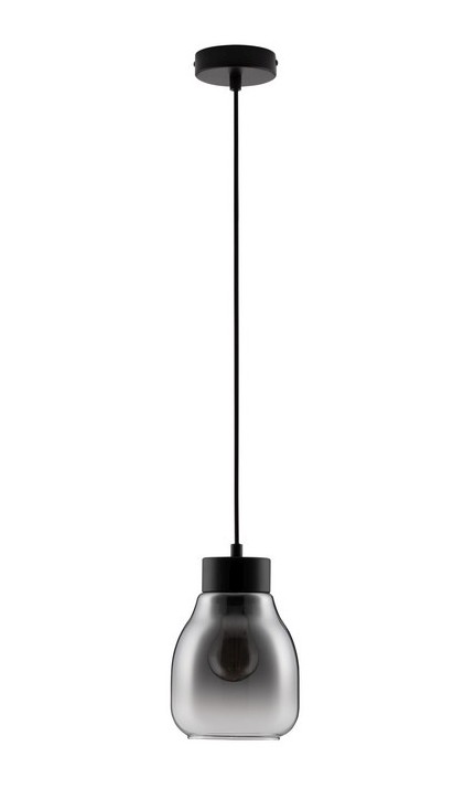 Lampa wisząca Moche w kolorze czarnym, z jednym gniazdem E27. Szklany klosz o zaokrąglonym kształcie, zawieszony na cienkim, czarnym przewodzie. Ujęcie frontalne, z widoczną żarówką w środku. Idealna do nowoczesnych wnętrz.